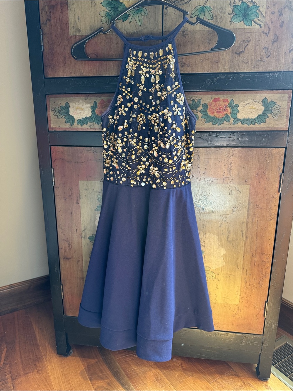 Navy Embellished Halter Kids Dress